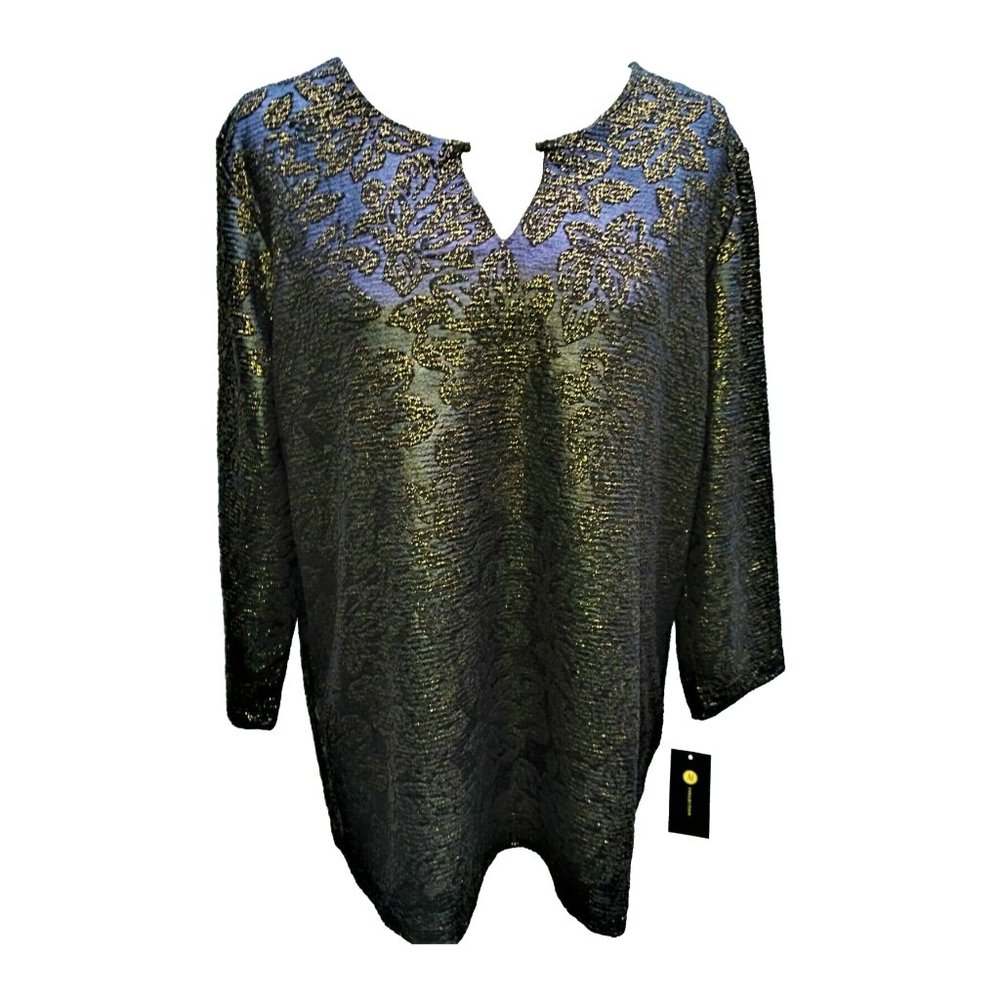 NEW JM Collection Womens Top Blouse XL Glitter Keyhole Jacquard Deep Black